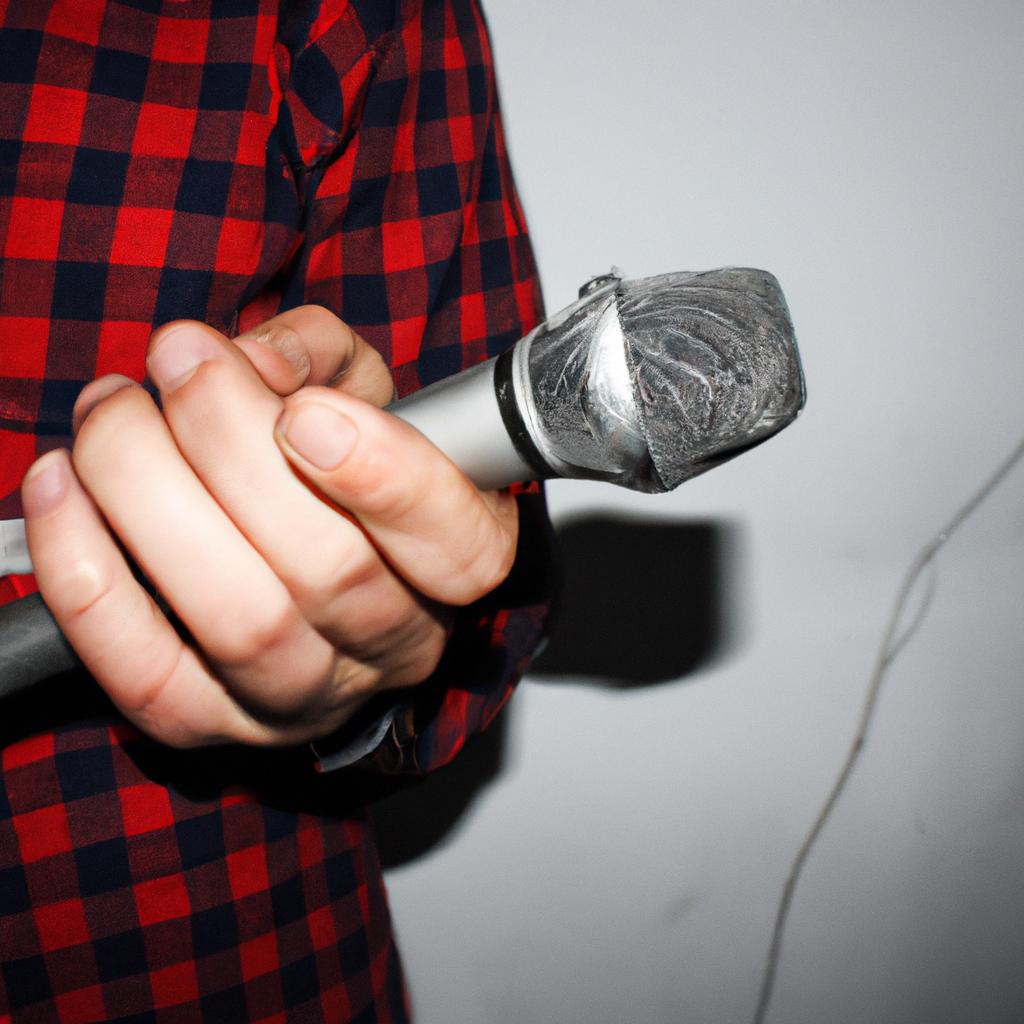 Person holding a microphone, speaking